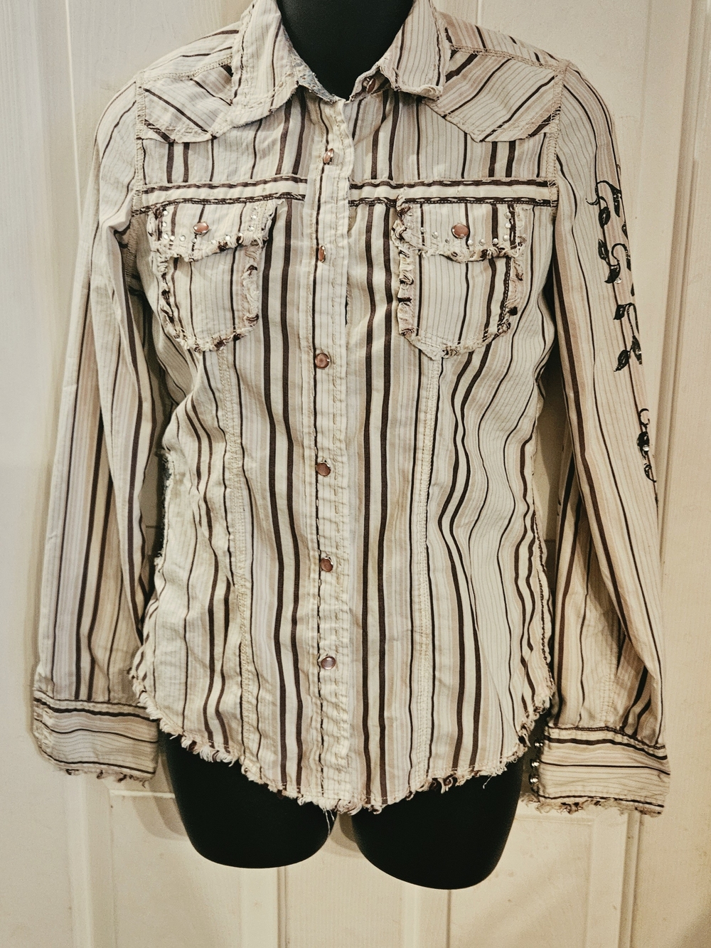Miss Me Cream and Brown Striped Button-Down Shirt Bling Bead Accents